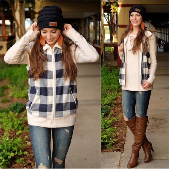 Infinity Raine Jackets & Blazers - Navy/Cream Buffalo Plaid Fleece Lined Vest